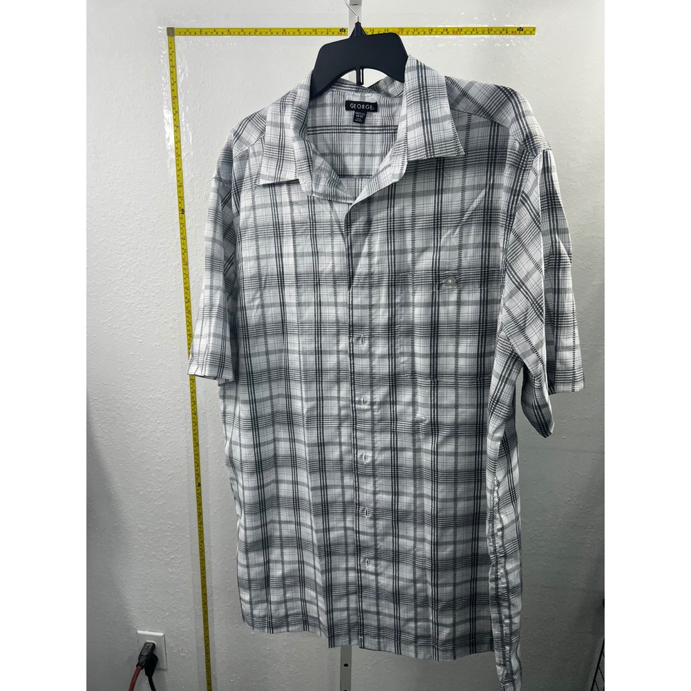 George Mens 2XLT Plaid Short Sleeve‎ Button Down Shirt Gray White Tall 50-52